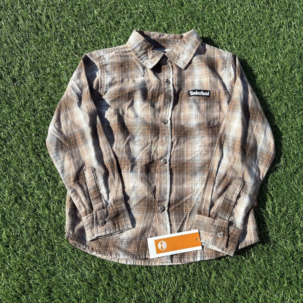 Timberland Shirt Unisex Kids 7 Brown Plaid Flannel Long Sleeve Button Up‎ Logo